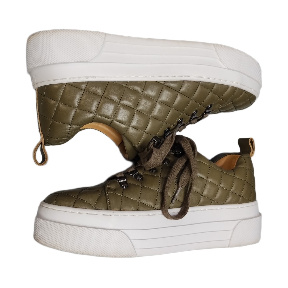 J/Slides NYC Nancee Platform Sneakers Womens 8 Green White Quilted Lace Up EUC